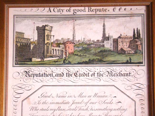 An 18th century engraving entitled "REPUTATION and The Credit of the Merchant" from George Bickham's "The Universal Penman" published in London in 1741